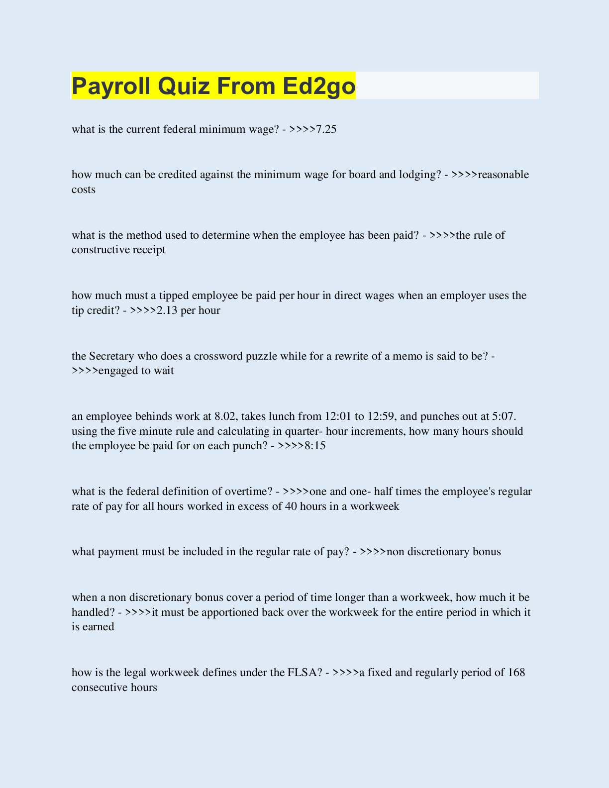 Preview image for Payroll Quiz From Ed2go  | 320 Questions with 100% Correct Answers | Updated & Verified | 33 Pages